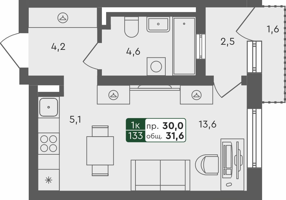 Студия квартира, 31.6 м², 1 из 4 этаж Планировка