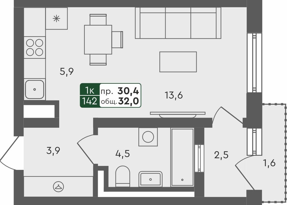 Студия квартира, 32 м², 2 из 4 этаж Планировка