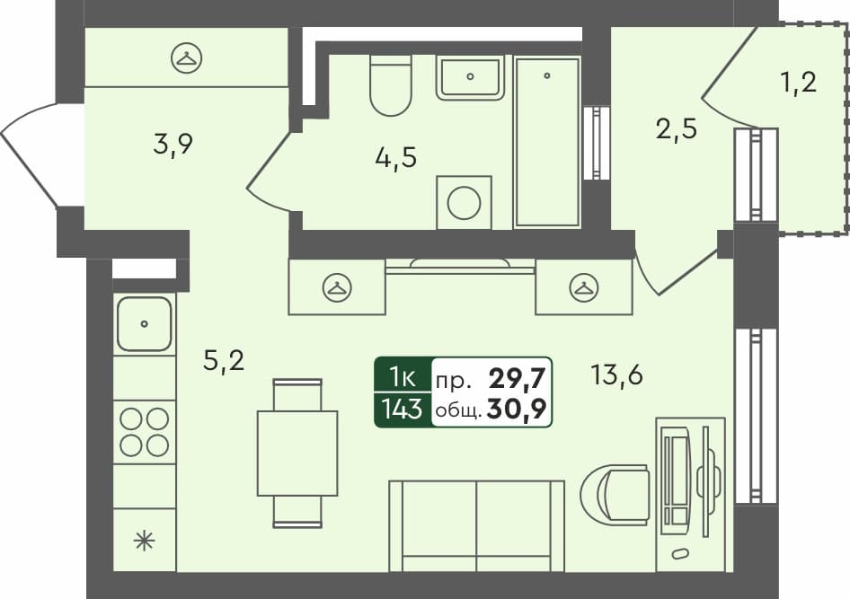 Студия квартира, 30.9 м², 3 из 4 этаж Планировка