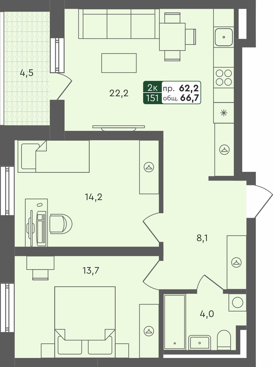 2-комн. квартира, 66.7 м², 4 из 4 этаж Планировка