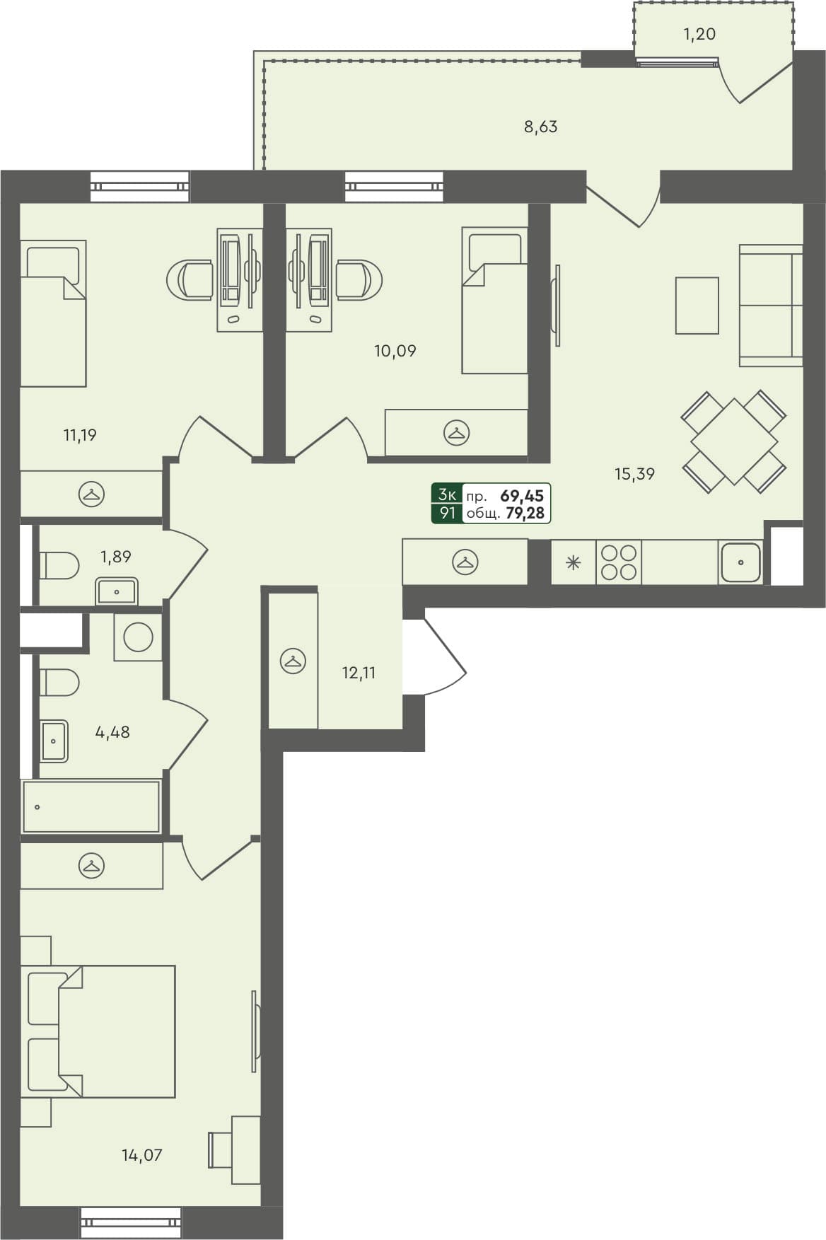 3-комн. квартира, 79.28 м², 5 из 6 этаж Планировка