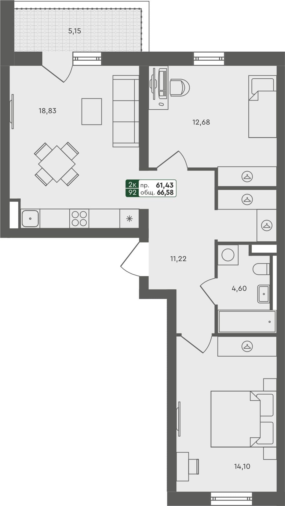 2-комн. квартира, 66.58 м², 6 из 6 этаж квартира