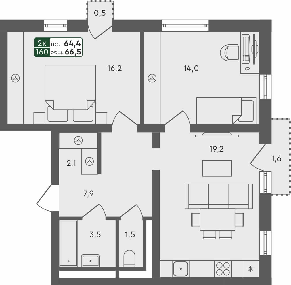 2-комн. квартира, 66.5 м², 2 из 4 этаж Планировка