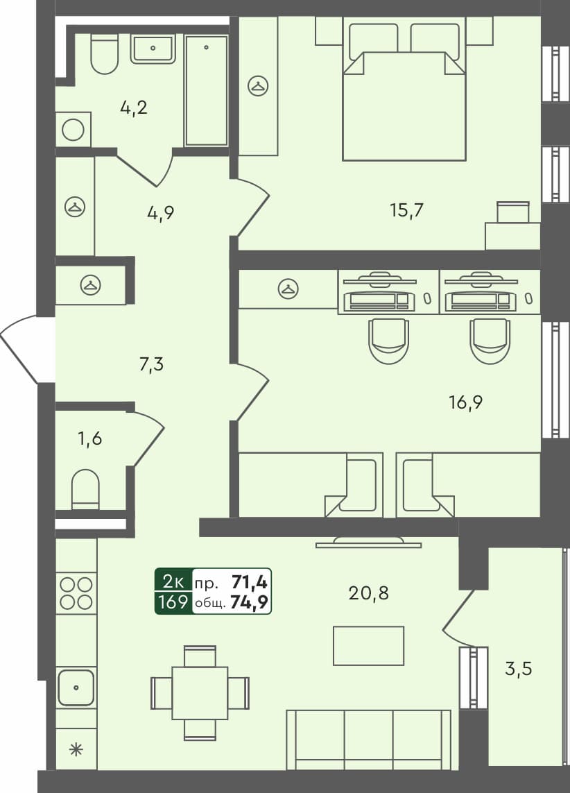 2-комн. квартира, 74.9 м², 4 из 4 этаж квартира