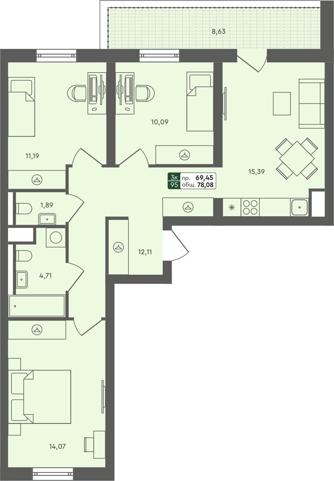 3-комн. квартира, 78.08 м², 6 из 6 этаж Планировка