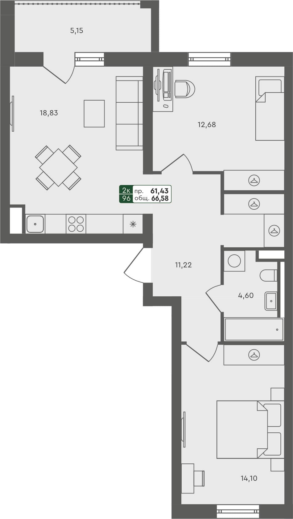 2-комн. квартира, 66.58 м², 1 из 6 этаж Планировка