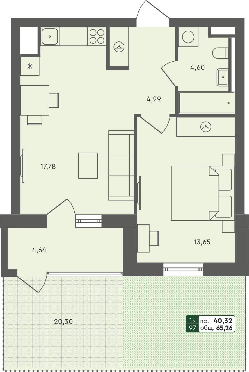 1-комн. квартира, 65.26 м², 1 из 6 этаж квартира