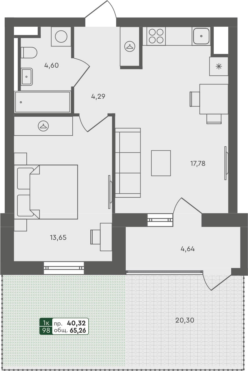1-комн. квартира, 65.26 м², 1 из 6 этаж Планировка