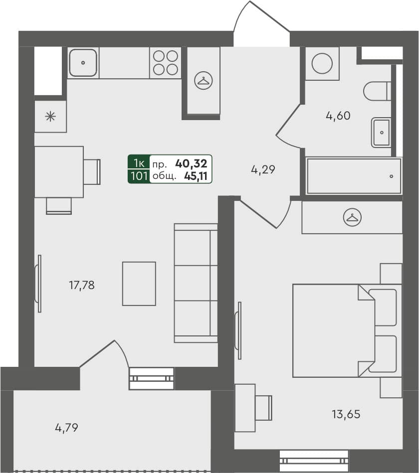 1-комн. квартира, 45.11 м², 2 из 6 этаж Планировка