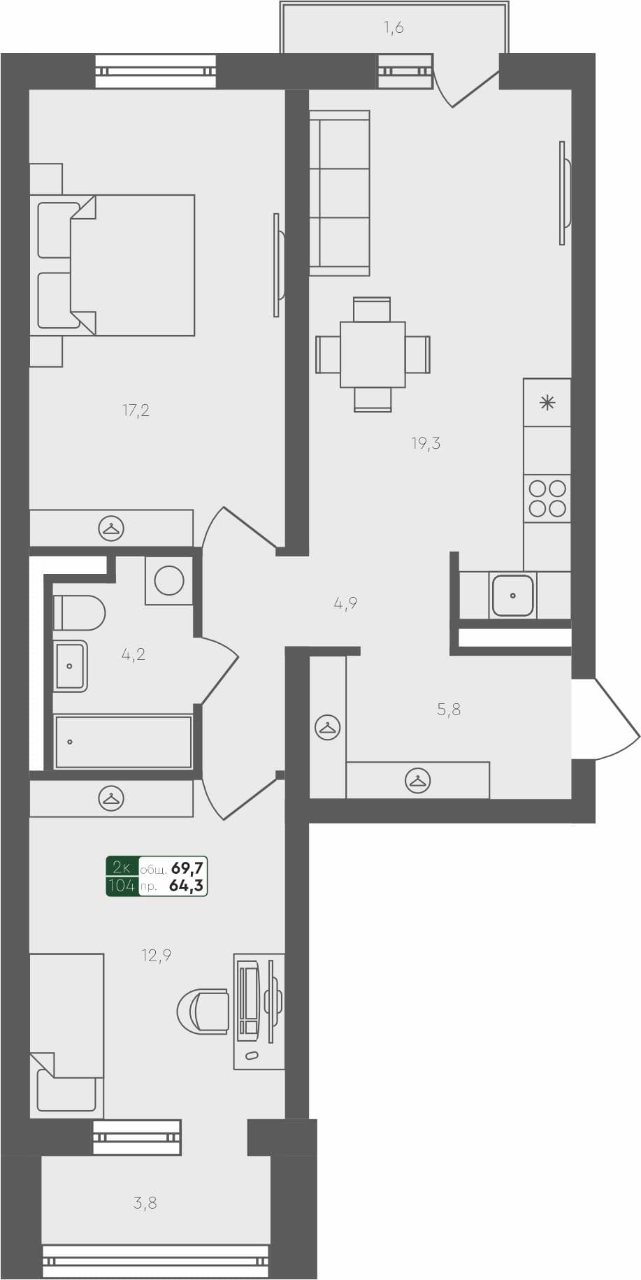 2-комн. квартира, 69.7 м², 3 из 4 этаж квартира