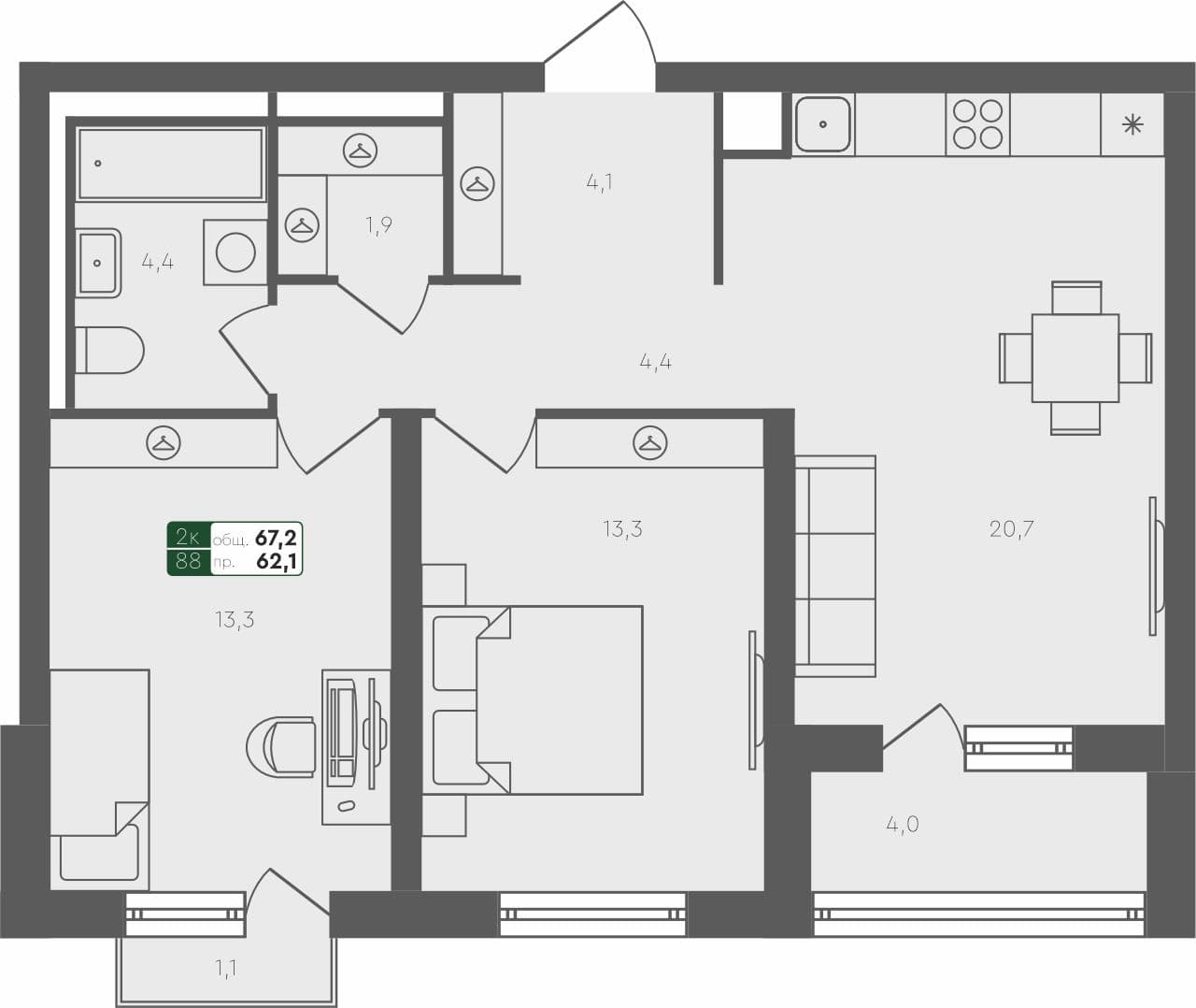 2-комн. квартира, 67.2 м², 3 из 4 этаж квартира