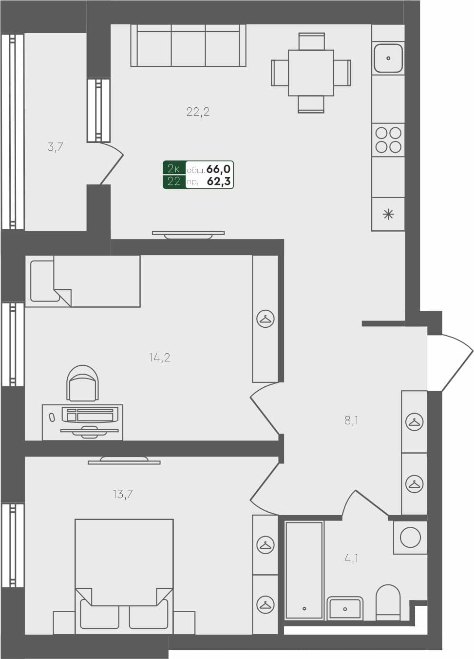 2-комн. квартира, 66 м², 1 из 4 этаж Планировка