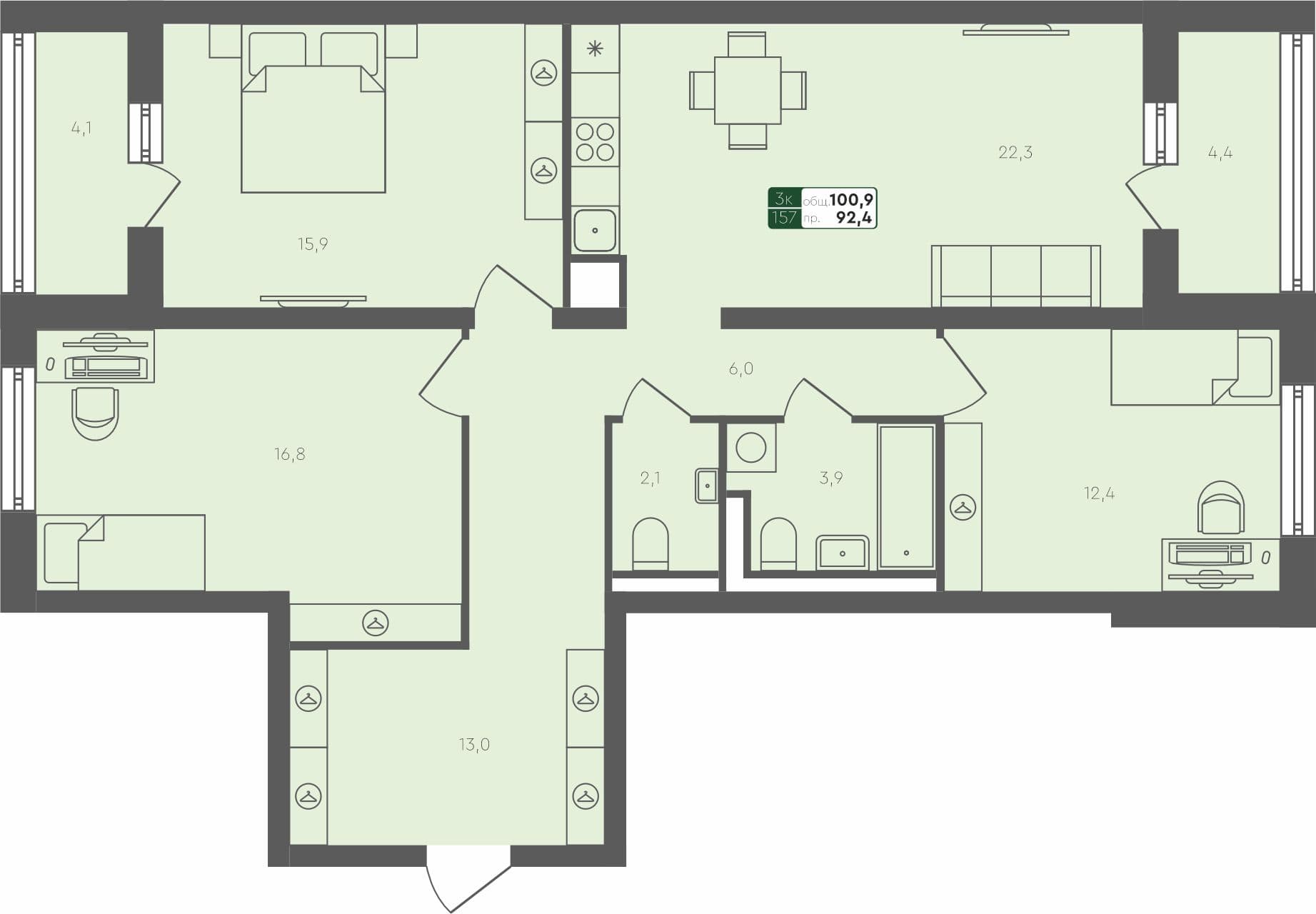 3-комн. квартира, 100.9 м², 2 из 4 этаж квартира