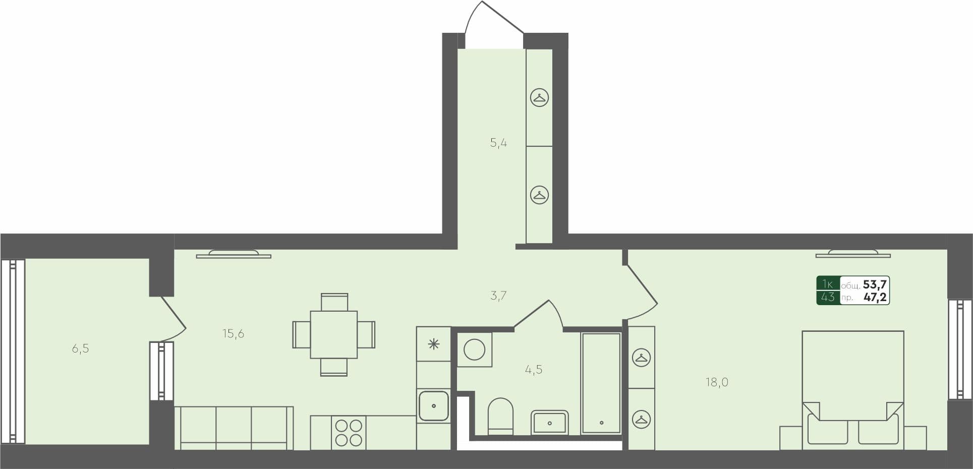 1-комн. квартира, 53.7 м², 1 из 4 этаж квартира