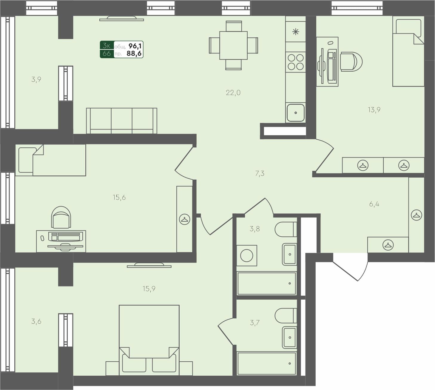 3-комн. квартира, 96.1 м², 1 из 4 этаж квартира