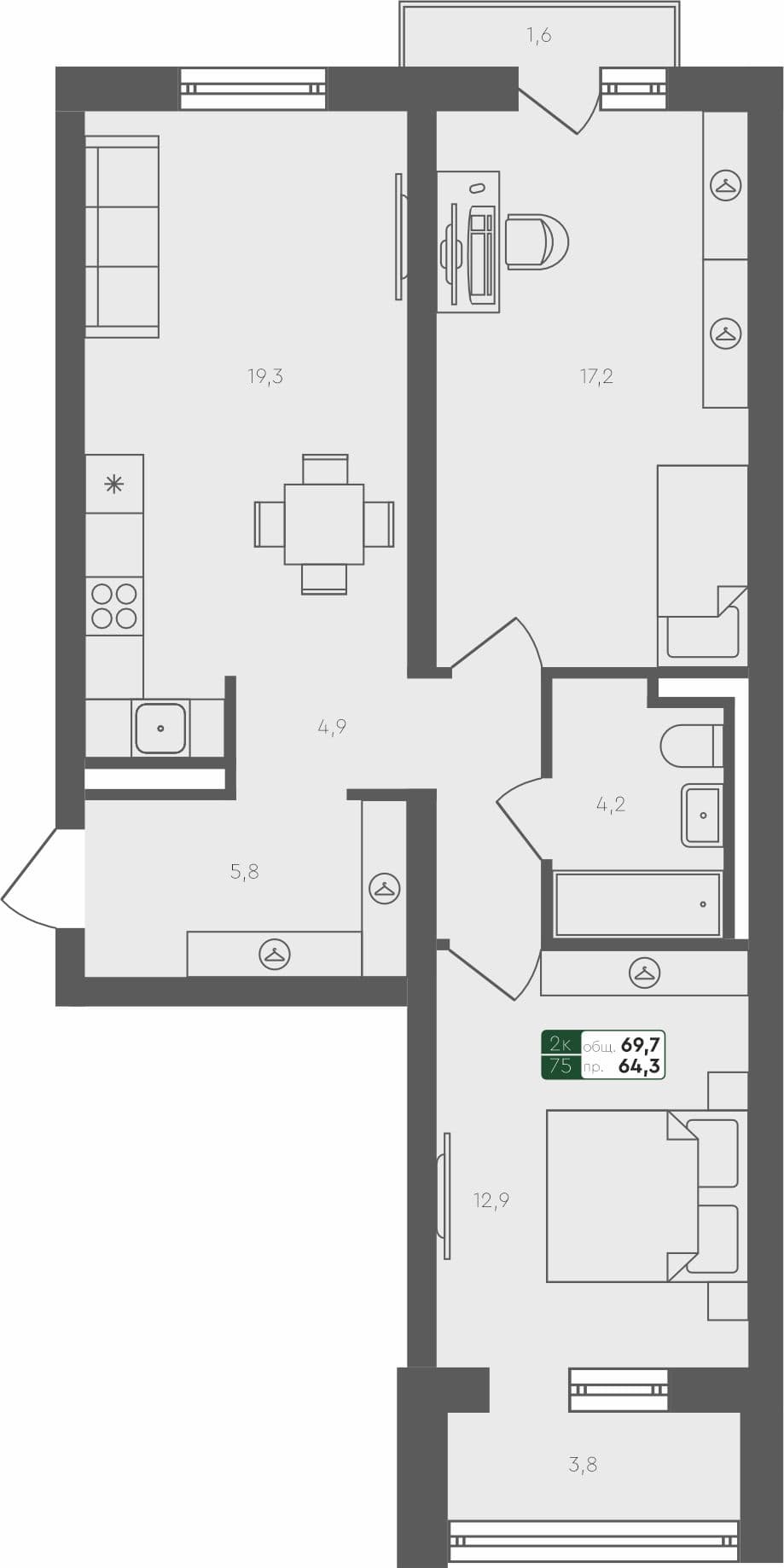 2-комн. квартира, 69.7 м², 4 из 4 этаж квартира