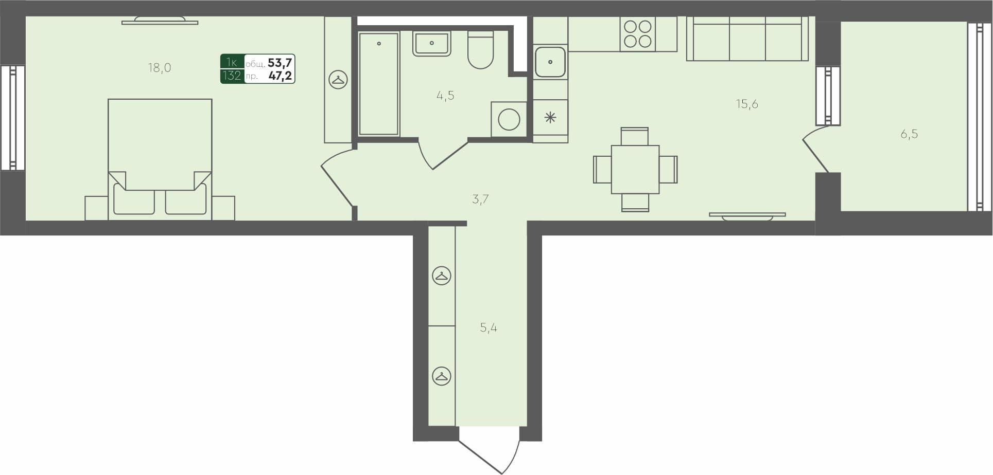 1-комн. квартира, 53.7 м², 1 из 4 этаж квартира