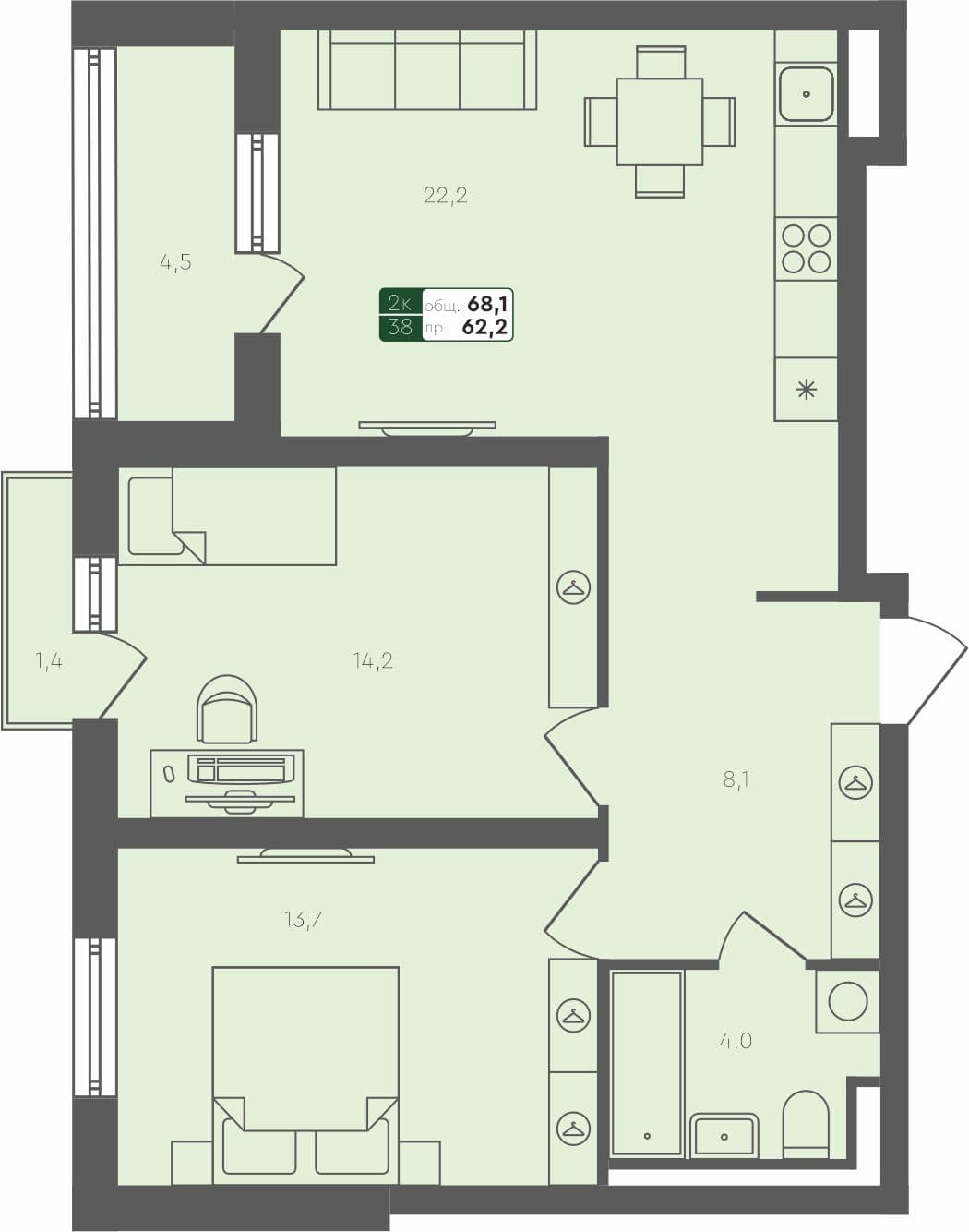 2-комн. квартира, 68.1 м², 4 из 4 этаж квартира