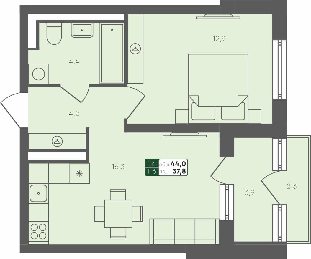1-комн. квартира, 44 м², 2 из 4 этаж Планировка