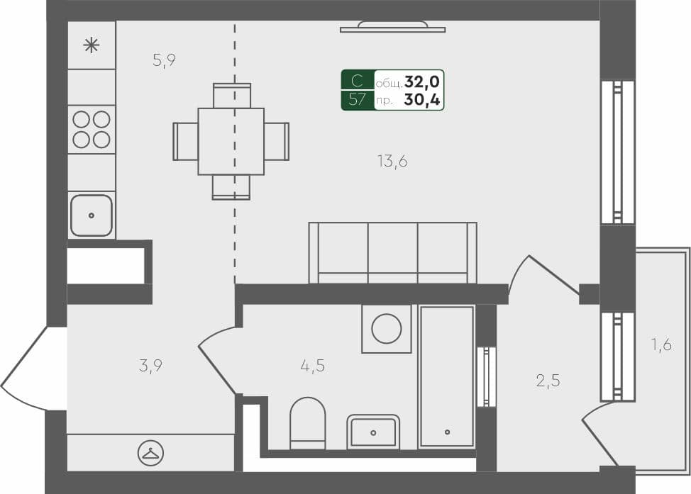 Студия квартира, 32 м², 3 из 4 этаж Планировка