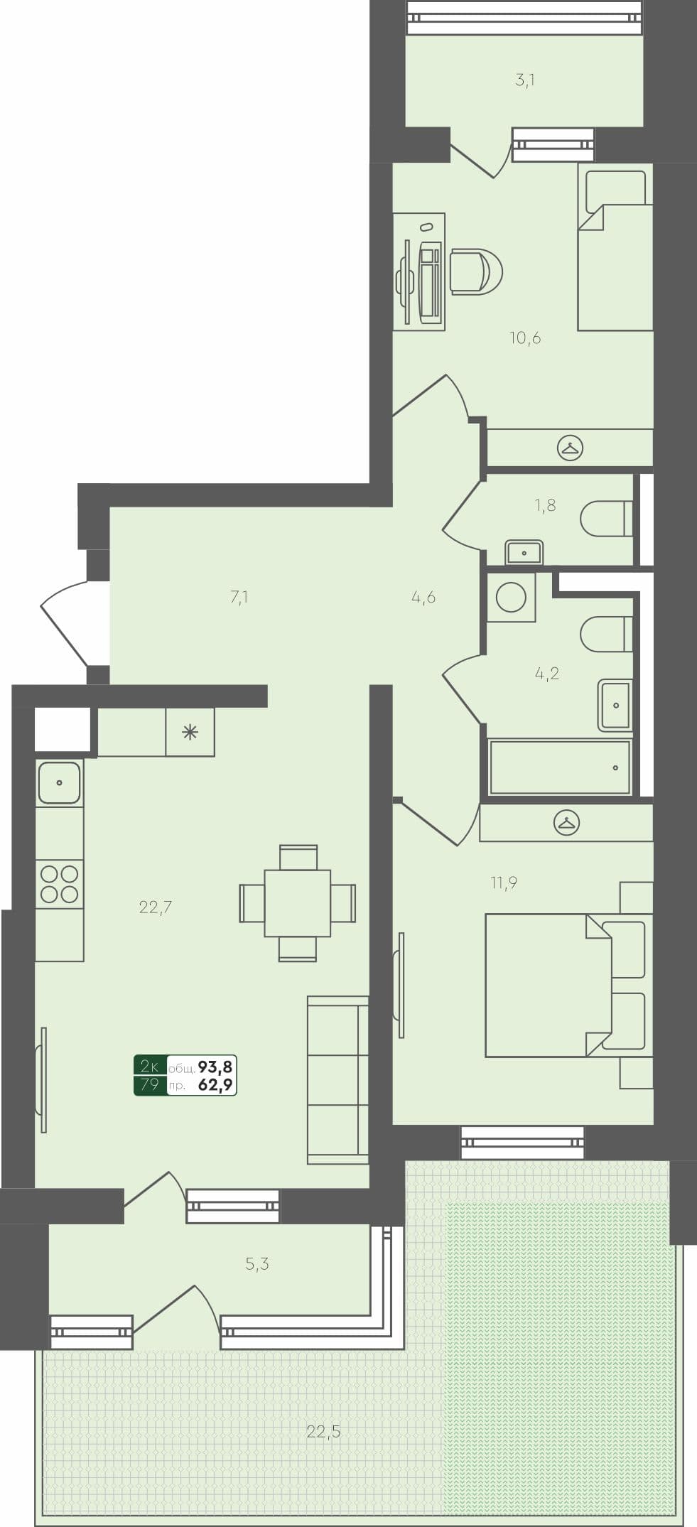 2-комн. квартира, 93.8 м², 1 из 4 этаж квартира