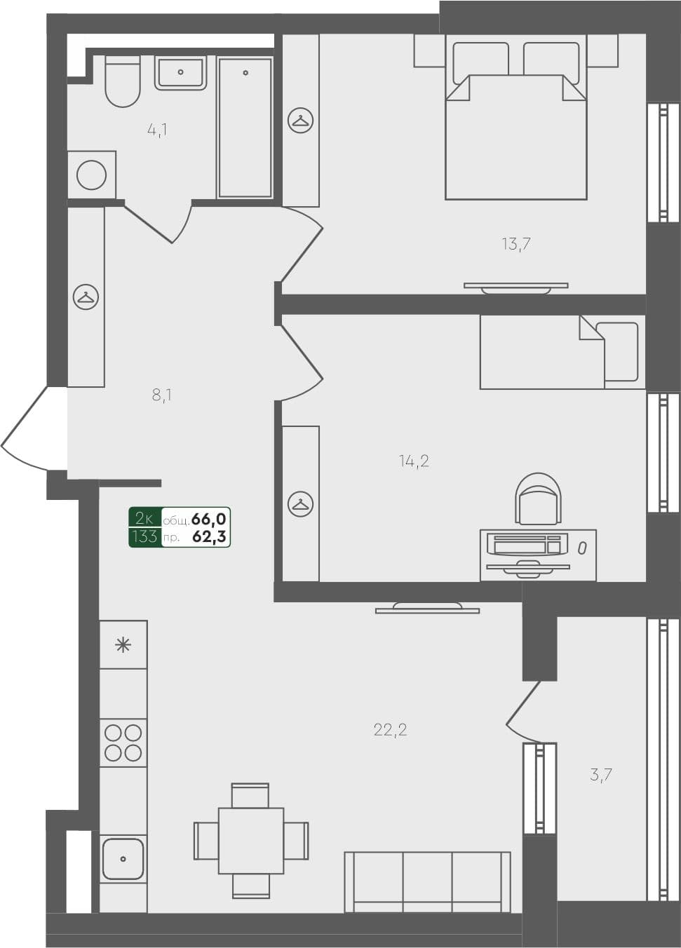 2-комн. квартира, 66 м², 1 из 4 этаж квартира