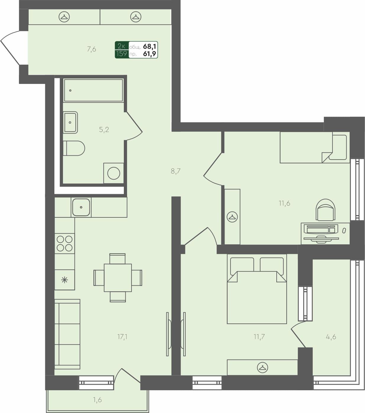 2-комн. квартира, 68.1 м², 2 из 4 этаж квартира