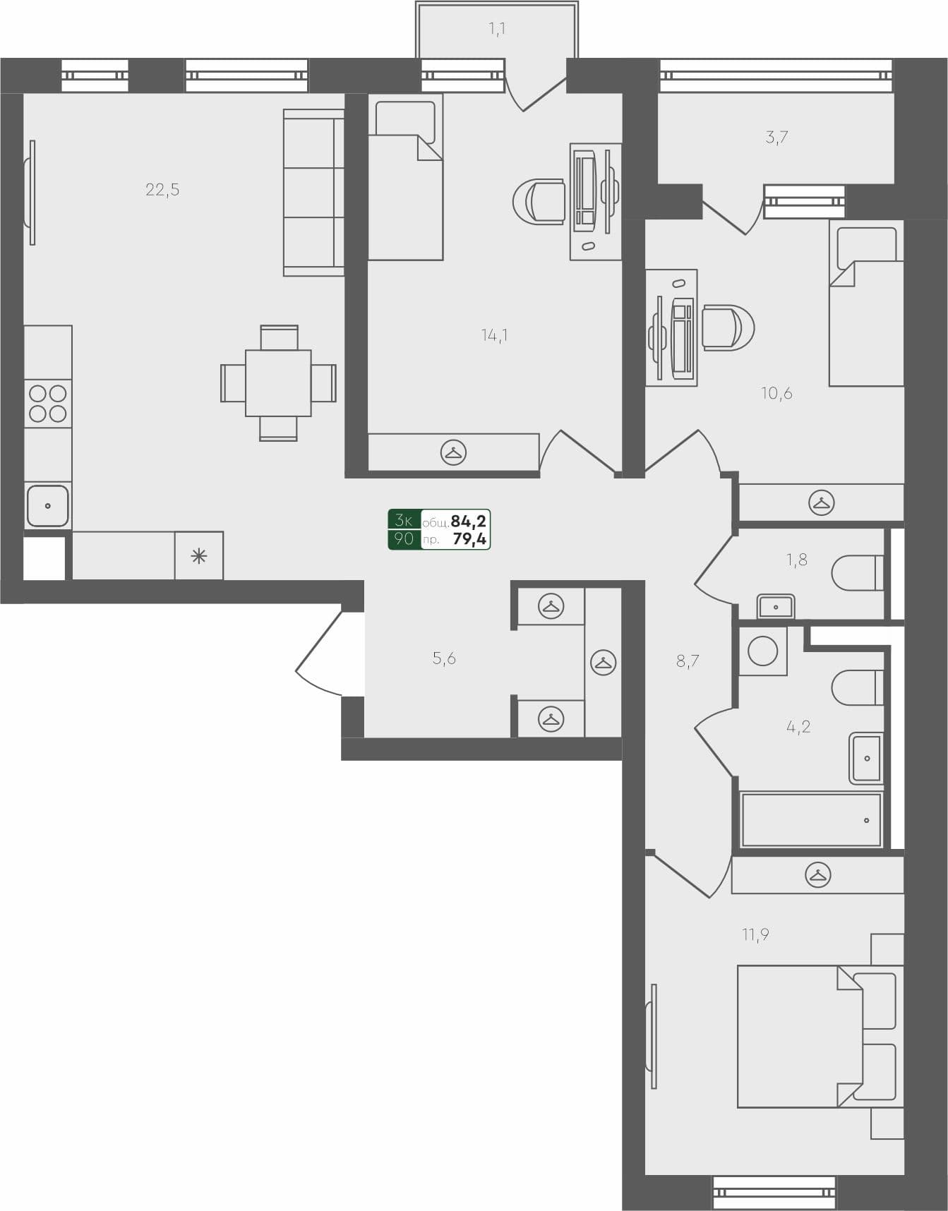3-комн. квартира, 84.2 м², 4 из 4 этаж квартира