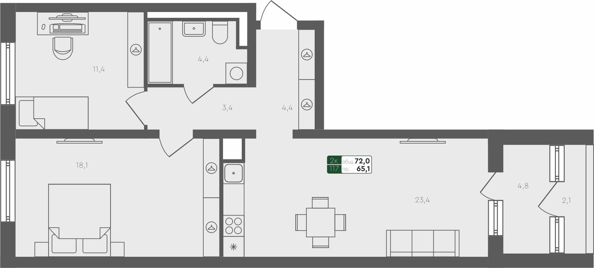 2-комн. квартира, 72 м², 2 из 4 этаж квартира