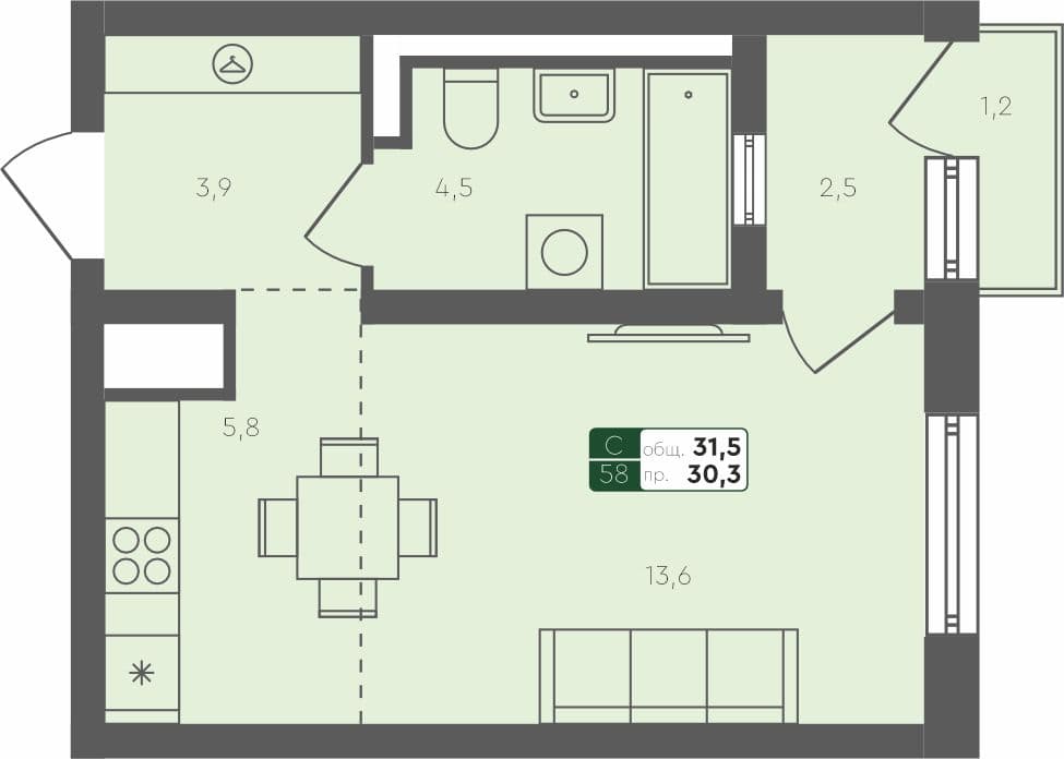 Студия квартира, 31.5 м², 4 из 4 этаж квартира