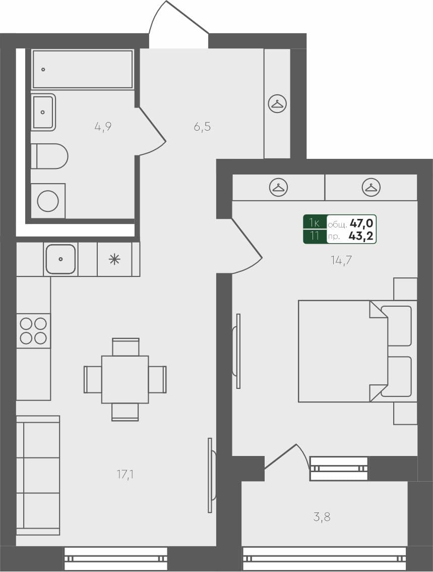 1-комн. квартира, 47 м², 3 из 4 этаж квартира