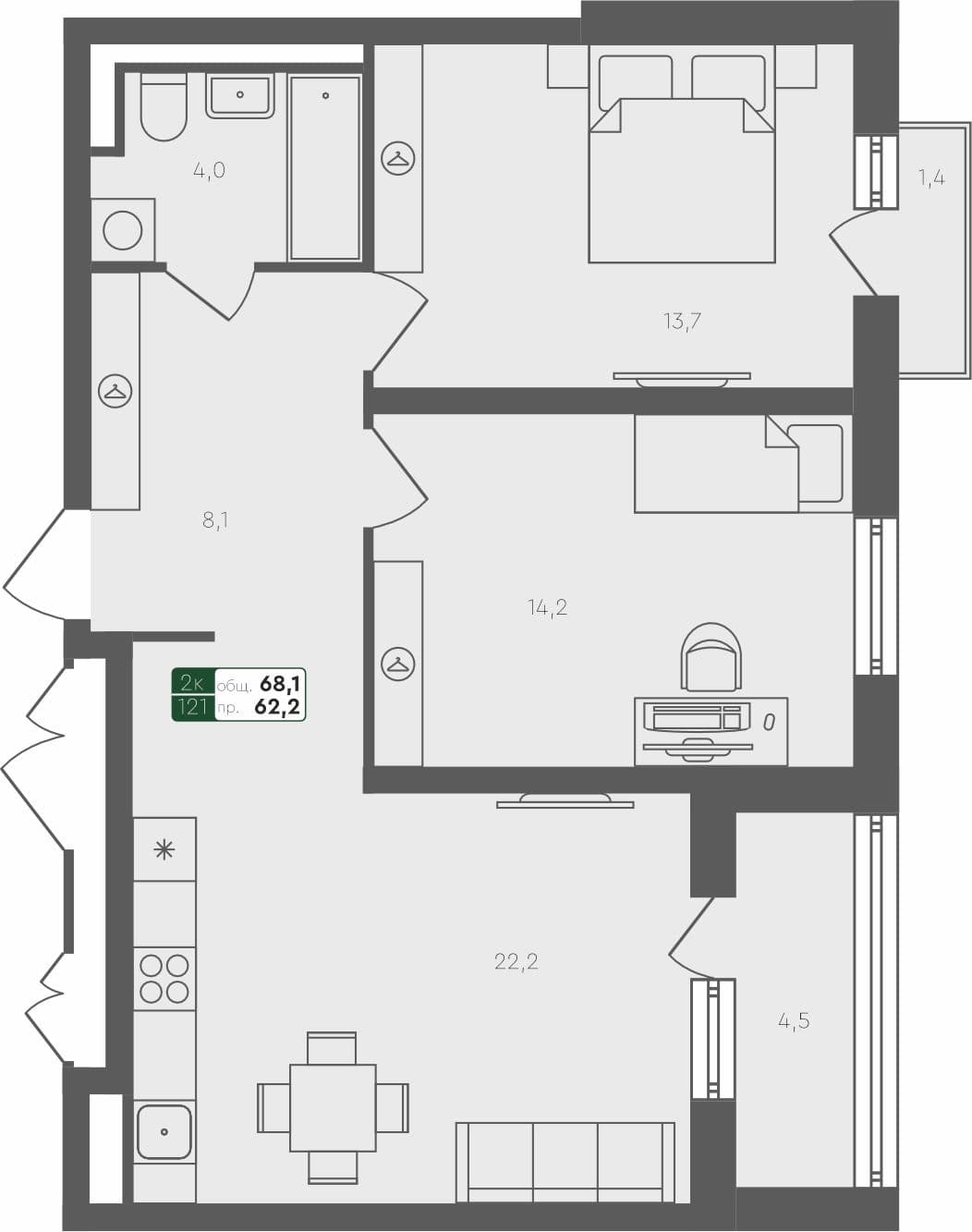 2-комн. квартира, 68.1 м², 3 из 4 этаж квартира