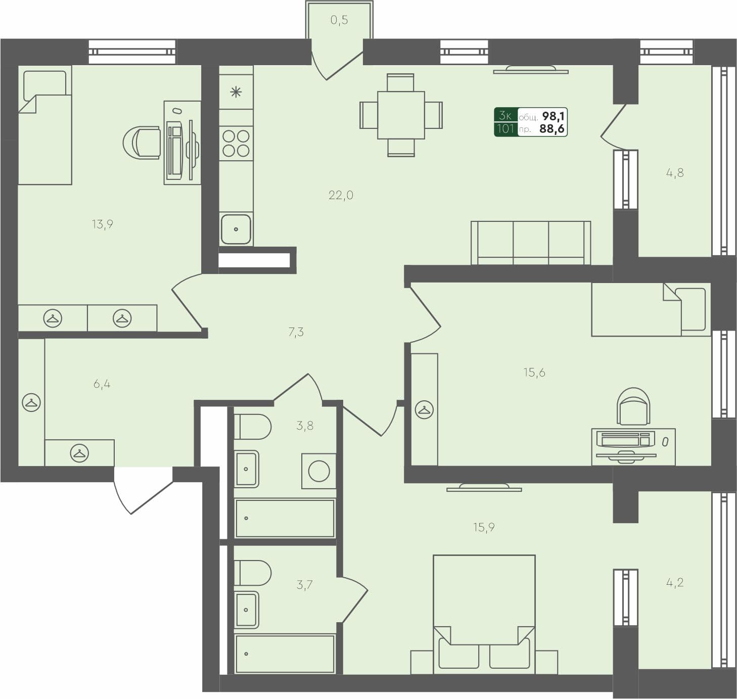 3-комн. квартира, 98.1 м², 3 из 4 этаж Планировка