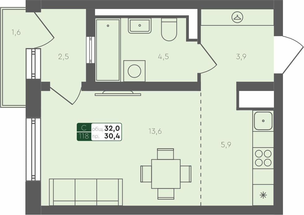 Студия квартира, 32 м², 2 из 4 этаж квартира