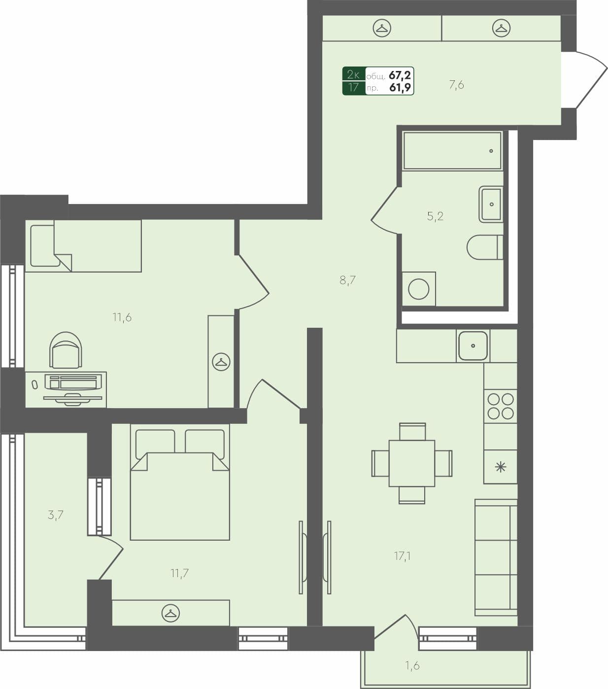 2-комн. квартира, 67.2 м², 4 из 4 этаж квартира
