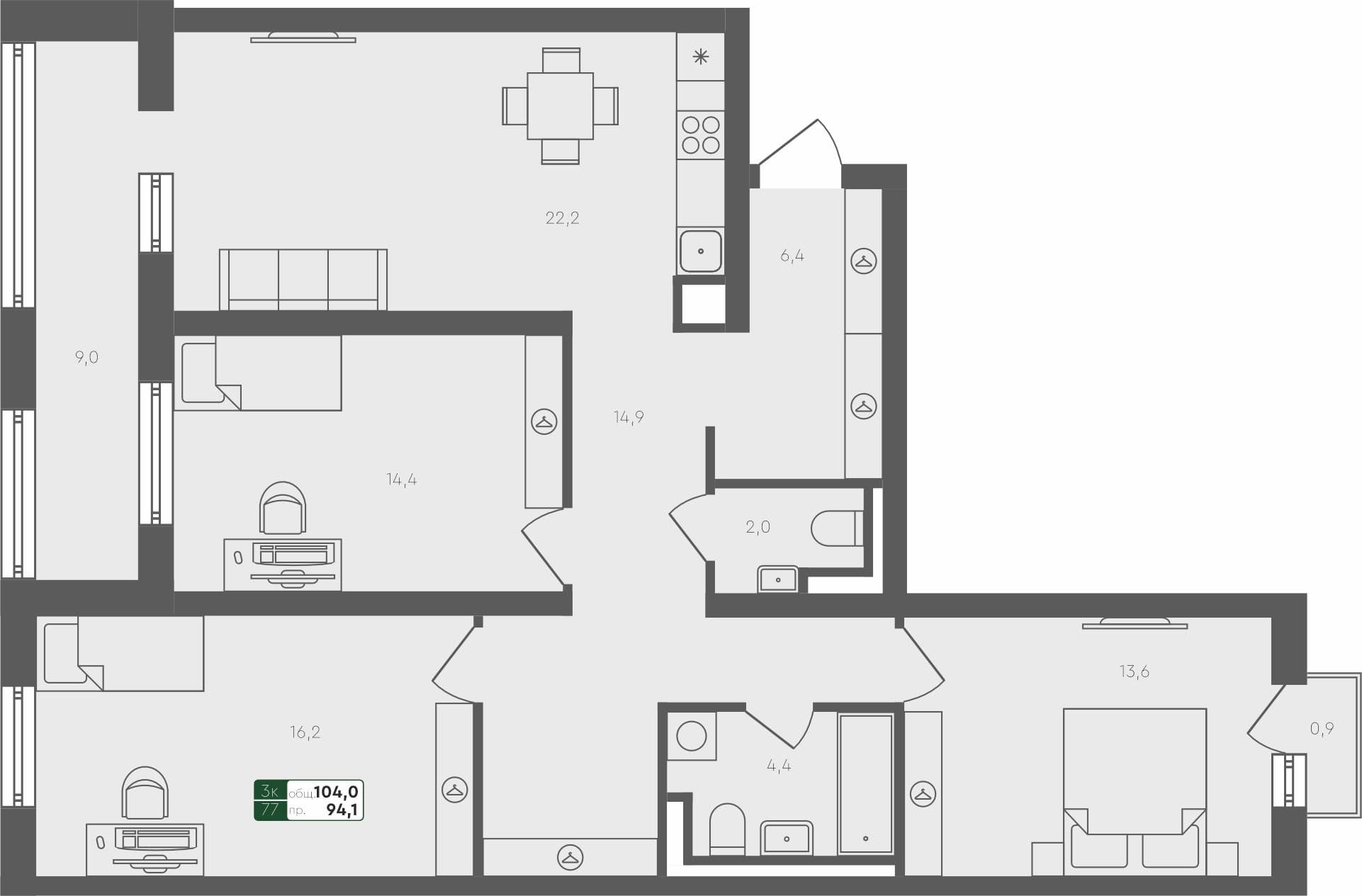 3-комн. квартира, 104 м², 4 из 4 этаж квартира