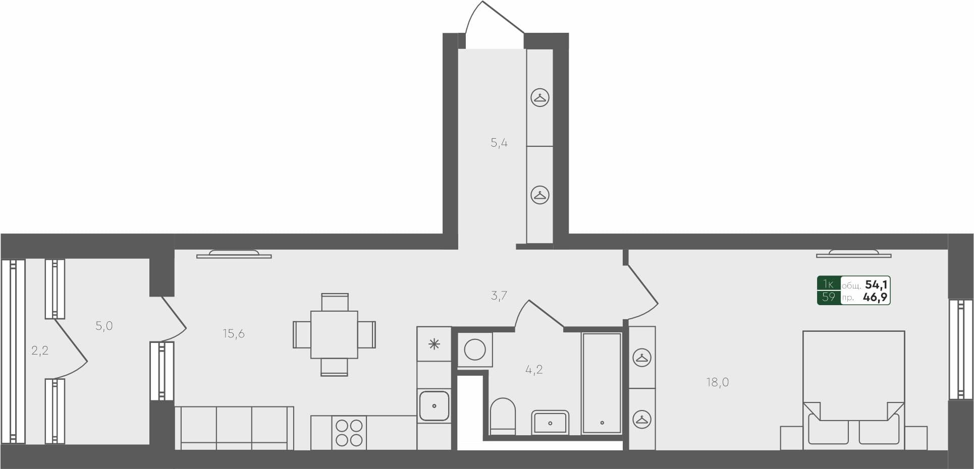 1-комн. квартира, 54.1 м², 4 из 4 этаж квартира