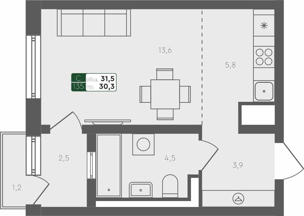 Студия квартира, 31.5 м², 2 из 4 этаж квартира