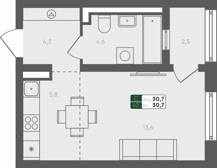 Студия квартира, 30.7 м², 1 из 4 этаж квартира