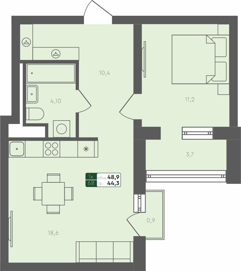 1-комн. квартира, 48.9 м², 2 из 4 этаж квартира