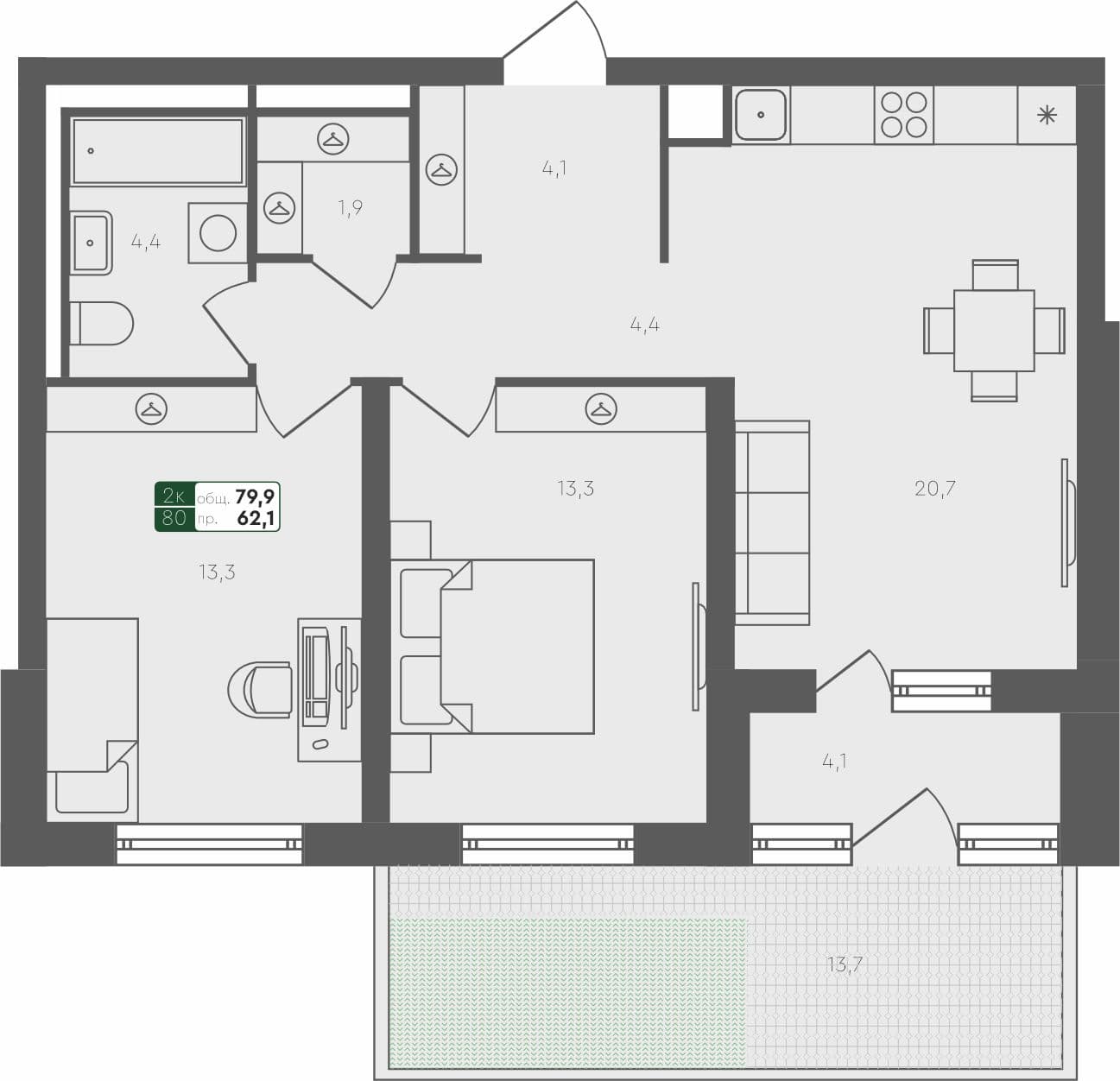 2-комн. квартира, 79.9 м², 1 из 4 этаж квартира