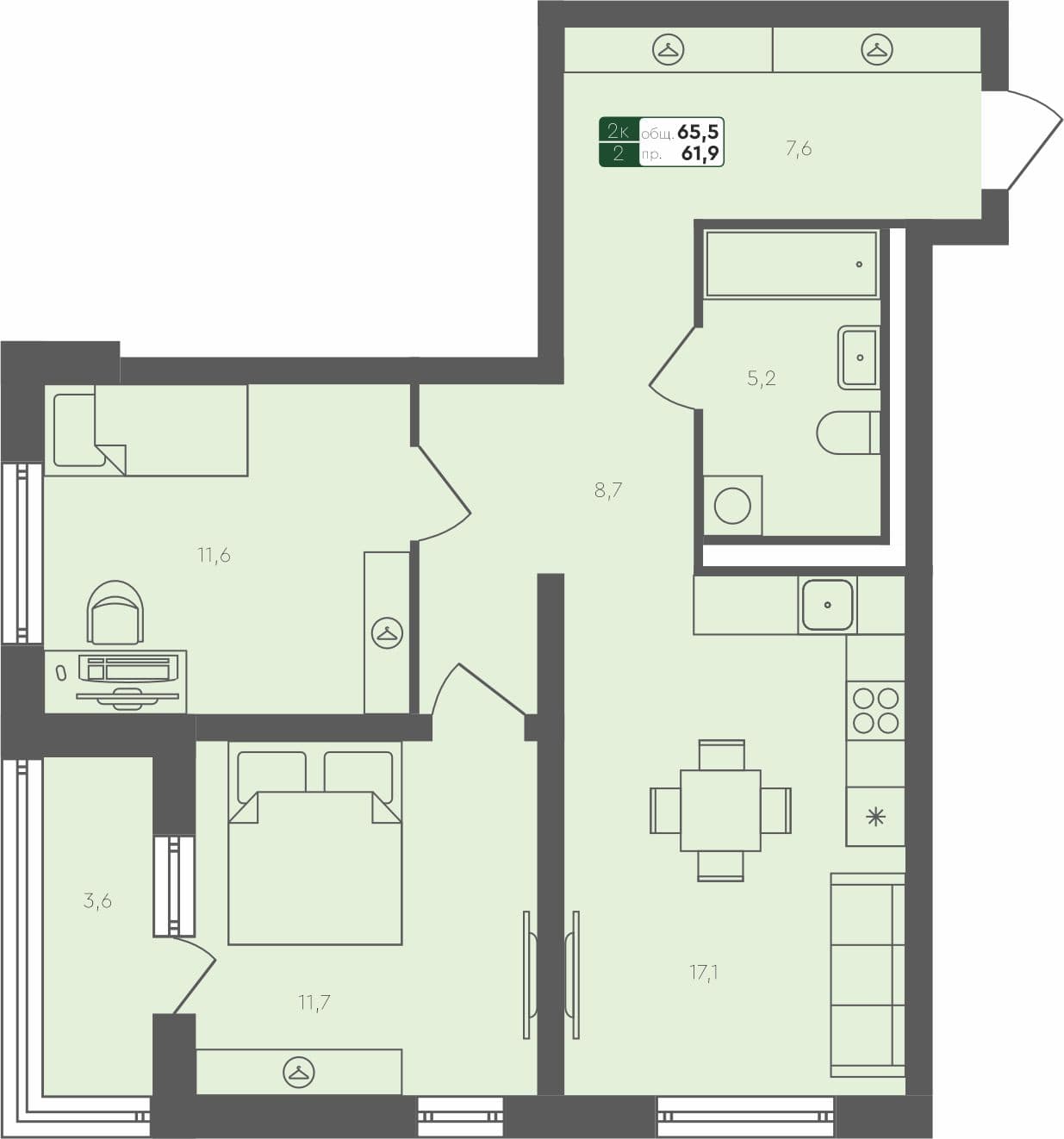 2-комн. квартира, 65.5 м², 1 из 4 этаж Планировка