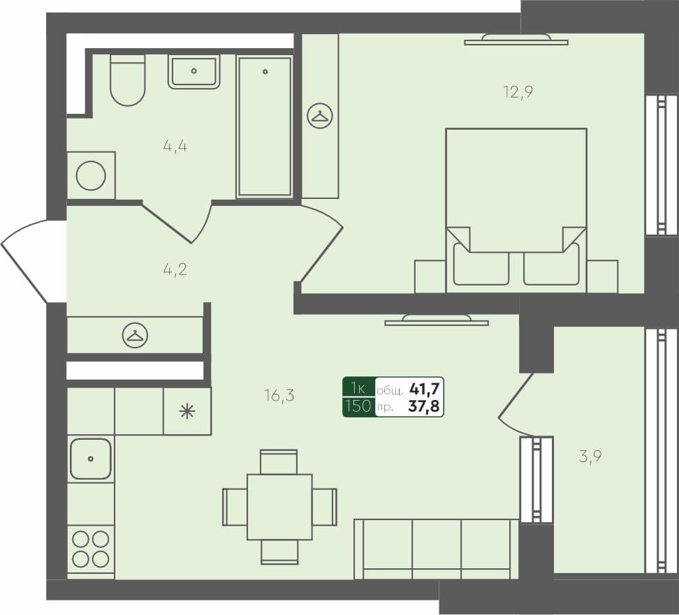 1-комн. квартира, 41.7 м², 4 из 4 этаж Планировка