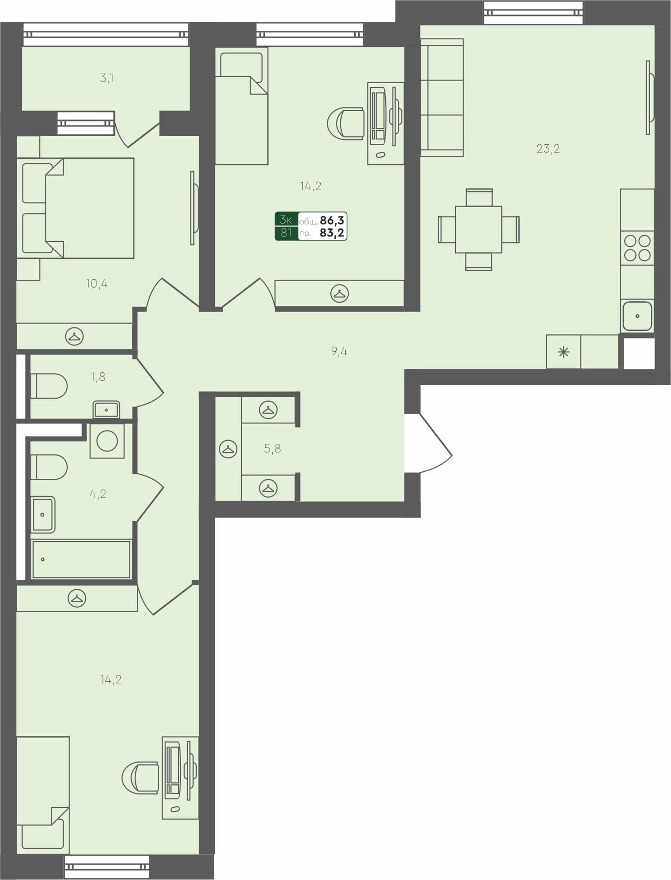 3-комн. квартира, 86.3 м², 1 из 4 этаж квартира
