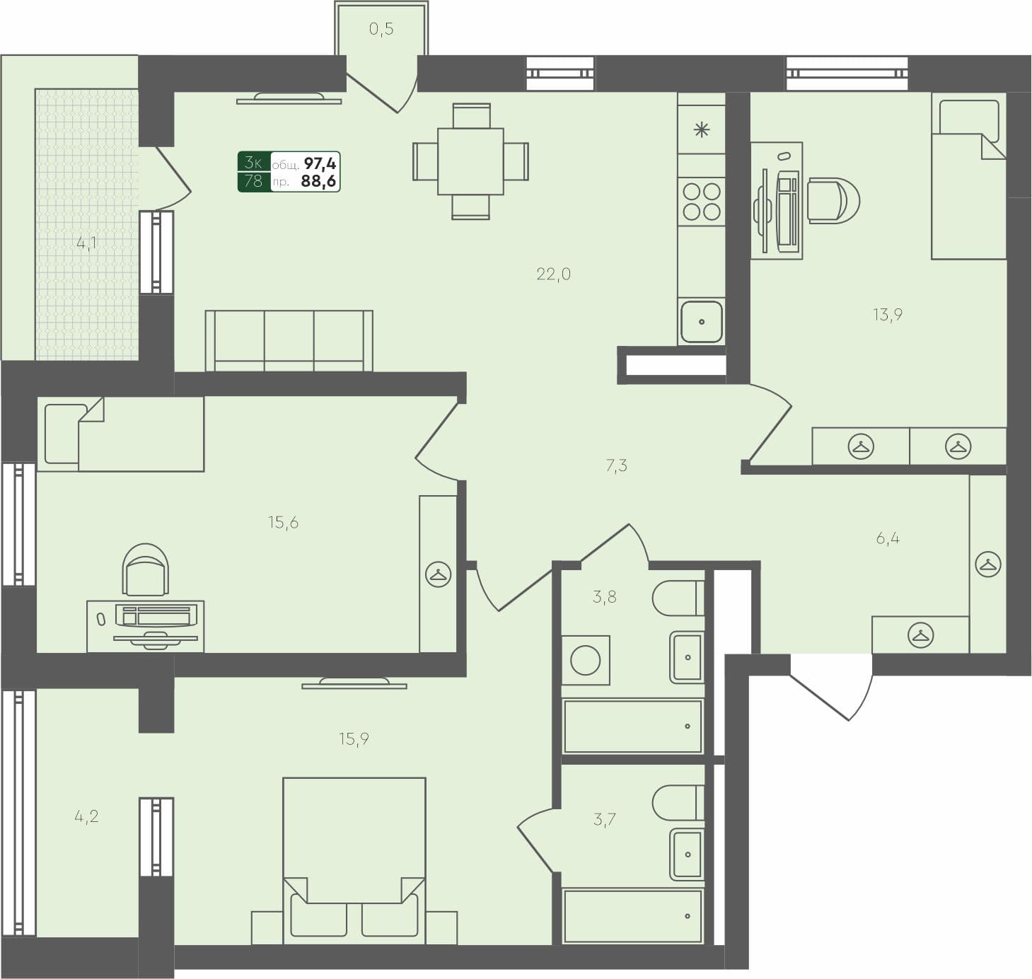 3-комн. квартира, 97.4 м², 4 из 4 этаж квартира