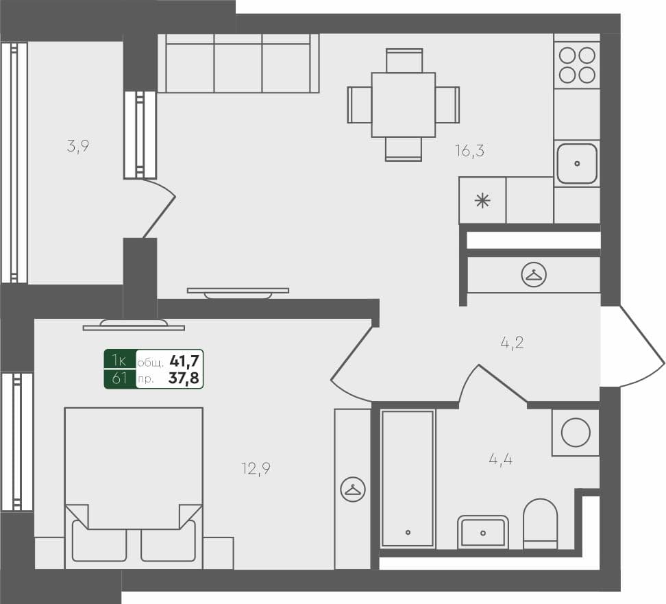 1-комн. квартира, 41.7 м², 4 из 4 этаж квартира