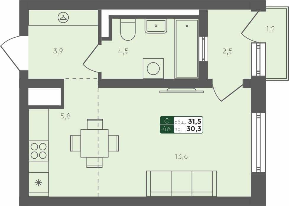 Студия квартира, 31.5 м², 2 из 4 этаж Планировка