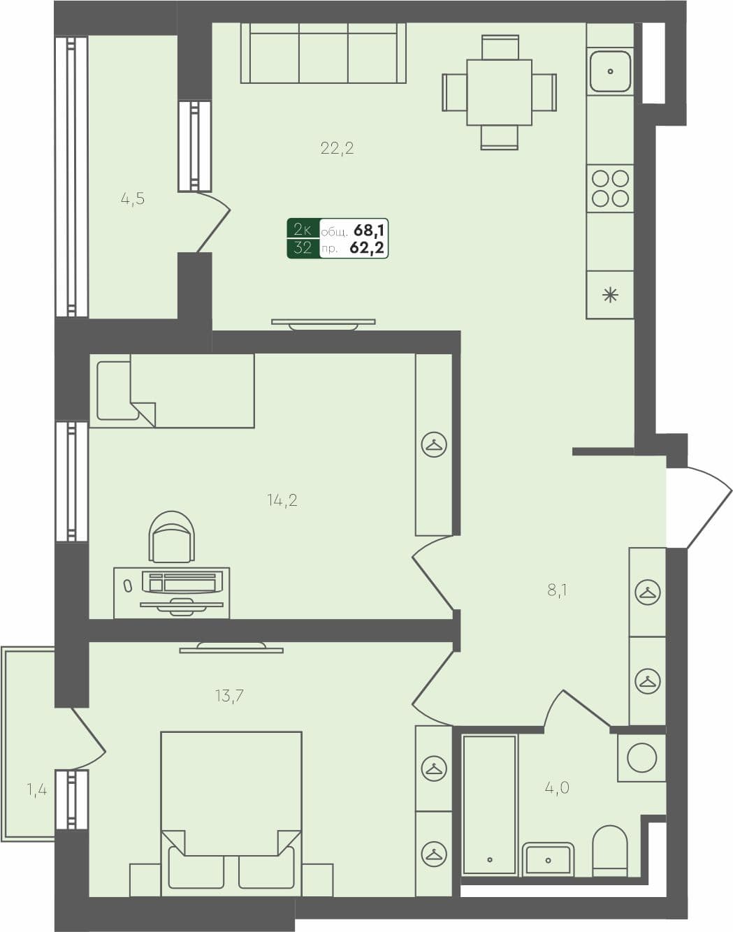 2-комн. квартира, 68.1 м², 3 из 4 этаж квартира