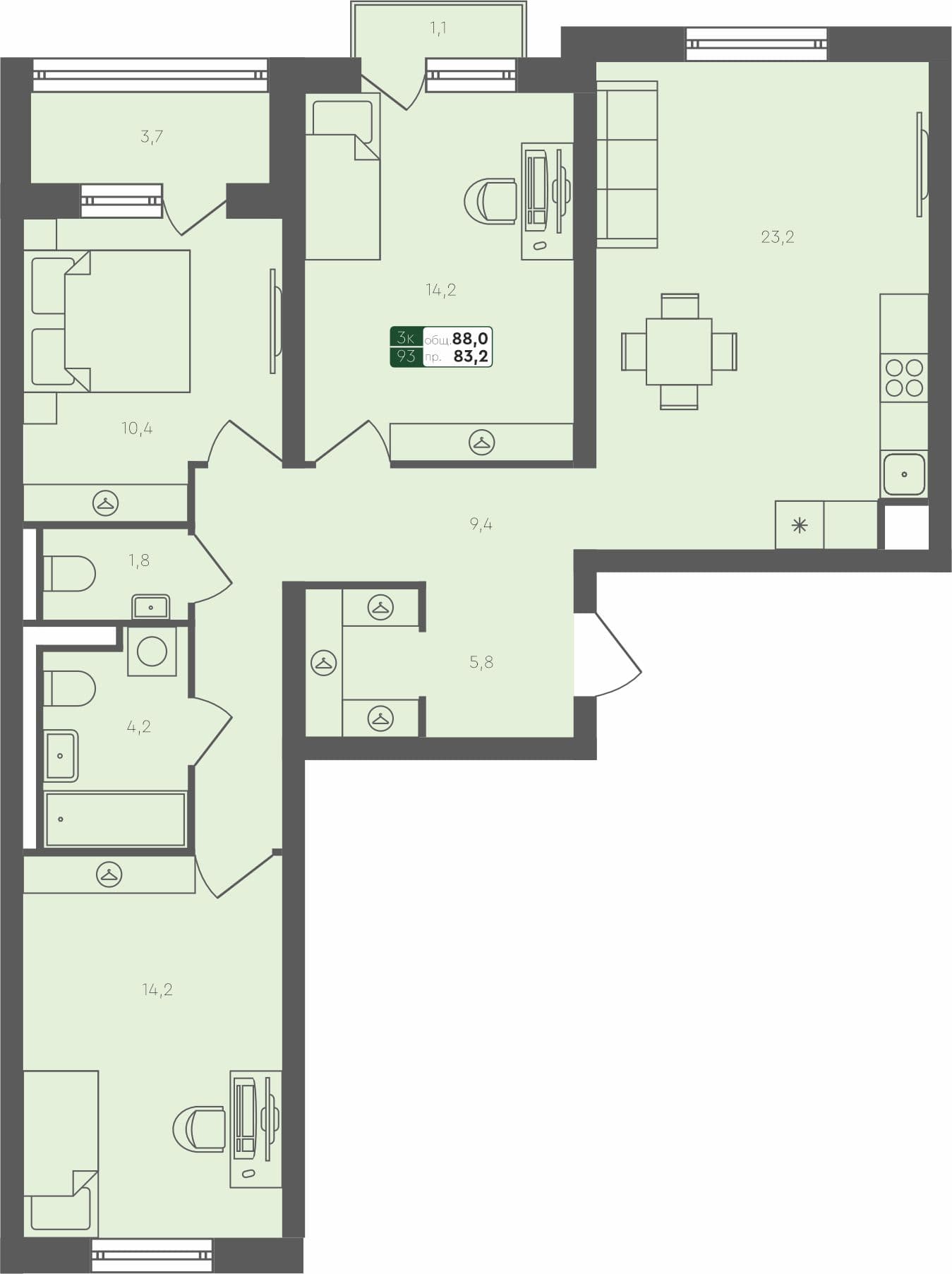 3-комн. квартира, 88 м², 4 из 4 этаж квартира