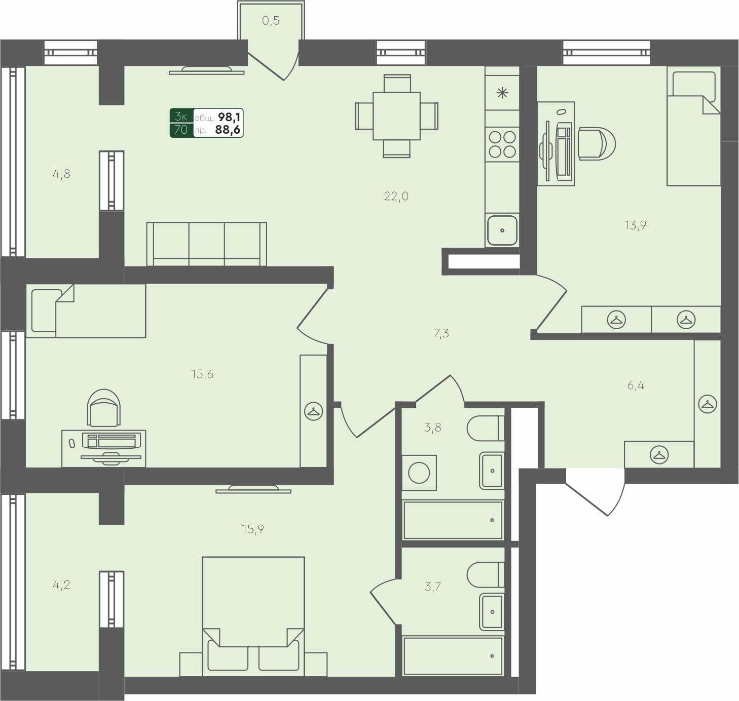 3-комн. квартира, 98.1 м², 2 из 4 этаж квартира
